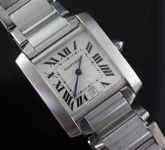 A gentlemans stainless steel Cartier Tank Francais automatic wrist watch, model no. 2302, with Cartier box.